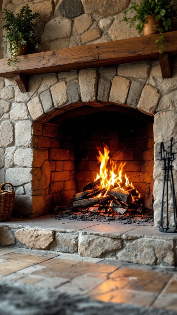 A cozy wood-burning fireplace with a decorative stone surround and a wooden mantel.