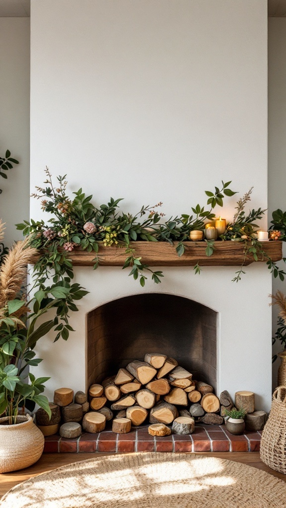 A cozy boho fireplace with stacked logs, greenery, and candles