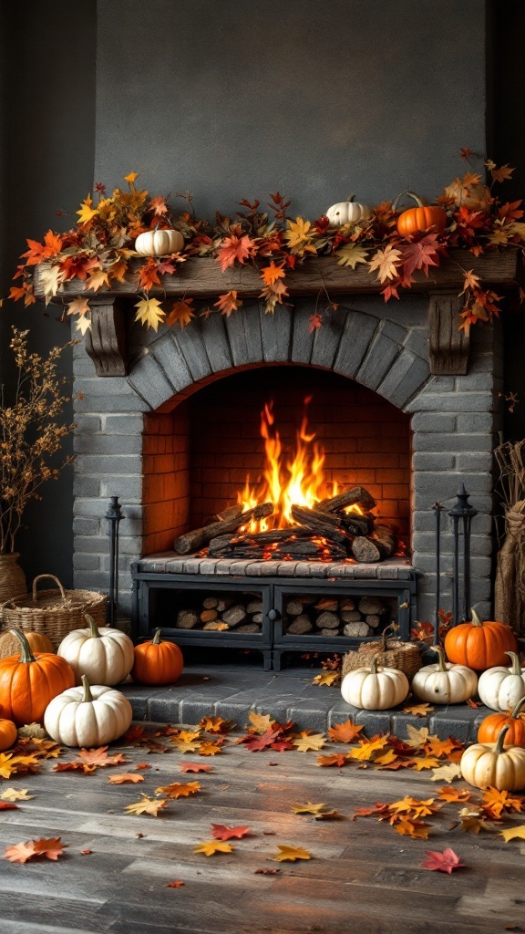 A cozy wood burning fireplace decorated for autumn with pumpkins and colorful leaves.