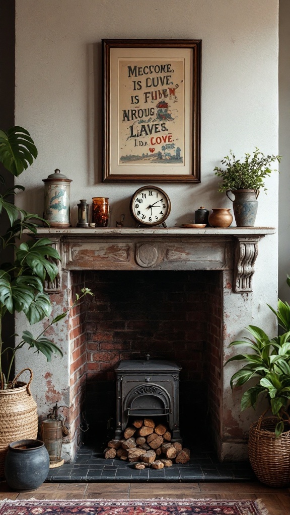 A cozy boho-style fireplace with vintage decor, plants, and a framed artwork.