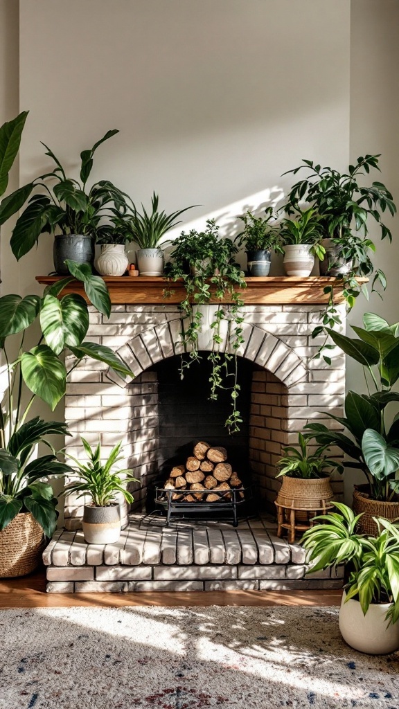 A cozy fireplace surrounded by various indoor plants, creating a fresh and inviting atmosphere