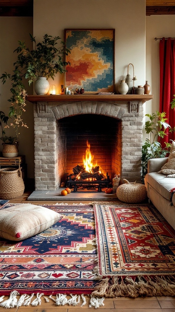 A cozy boho-style living room with a fireplace, featuring layered rugs and plants