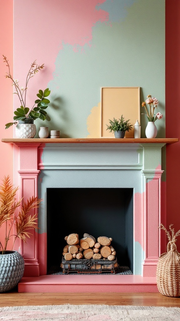 A colorful hearth area with a wood-burning fireplace, featuring pastel pink and green paint, decorated with plants and neatly stacked firewood.