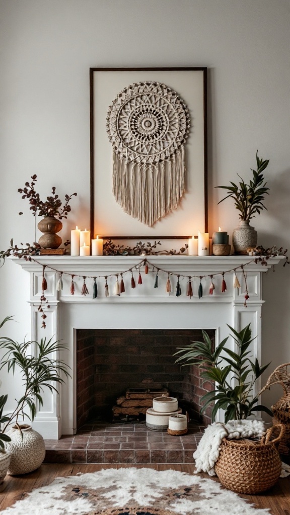 A boho-style fireplace mantel decorated with a macramé wall hanging, candles, and plants.