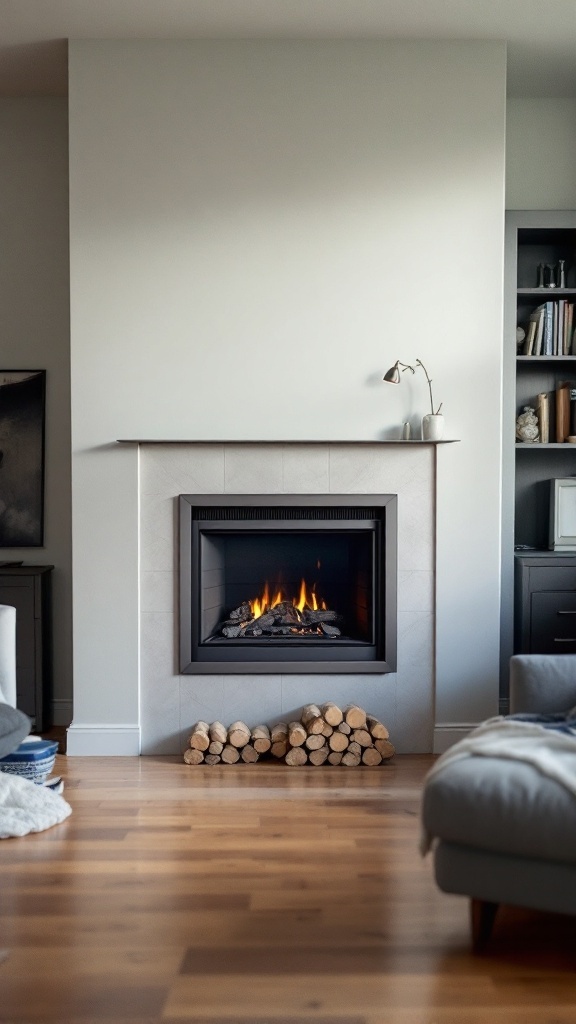 A modern fireplace insert with a clean design, showcasing flames and neatly stacked firewood below.