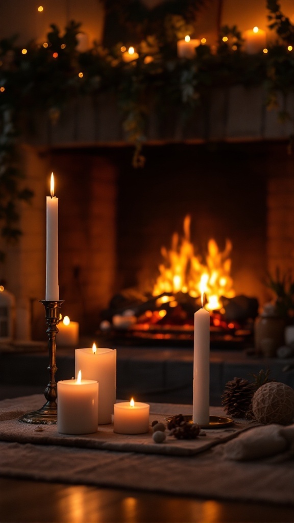 A cozy fireplace setting with various candles, creating a warm ambiance.