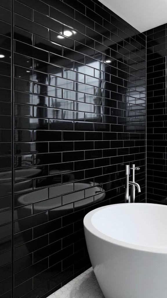 Bathroom featuring bold black subway tile on the walls with a white freestanding tub.