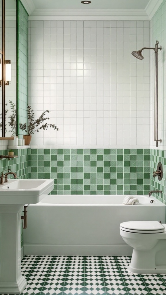 Bathroom featuring a classic green and white checkerboard tile design