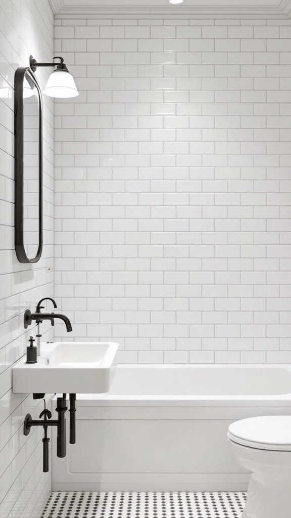 A modern bathroom featuring classic white subway tiles on the walls, a sleek black faucet, and a minimalist sink.