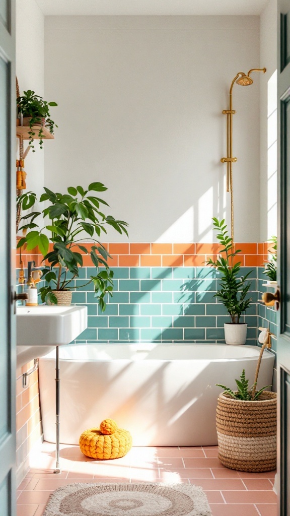 A bright bathroom featuring colorful glazed subway tiles in teal and orange, with plants and natural decor.