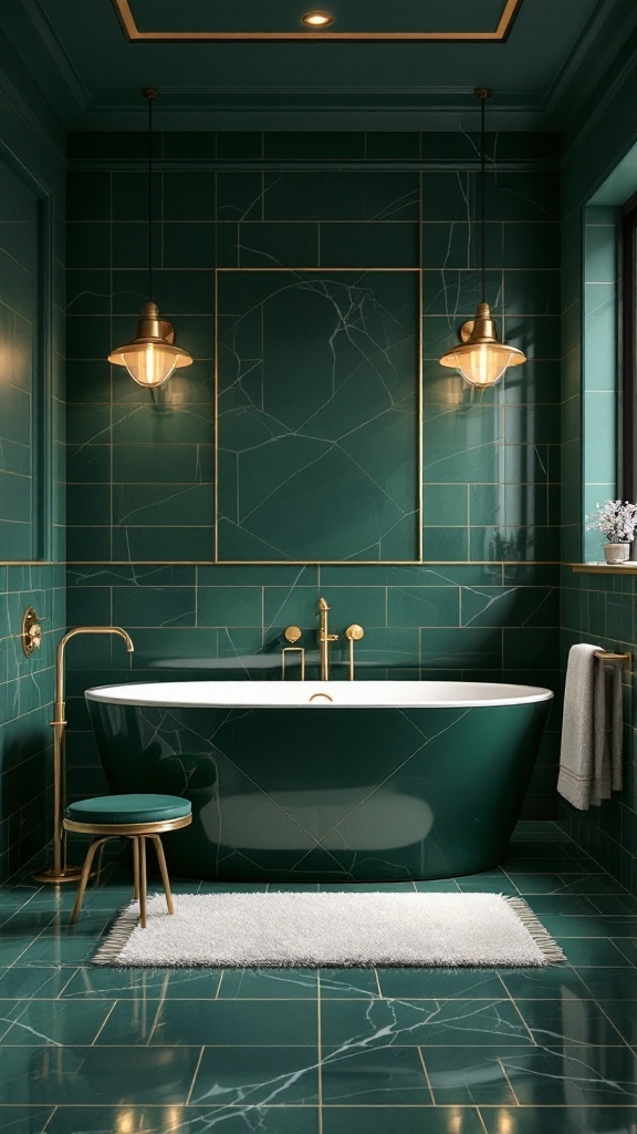 A luxurious bathroom featuring dark emerald tiles, a freestanding tub, and gold fixtures.