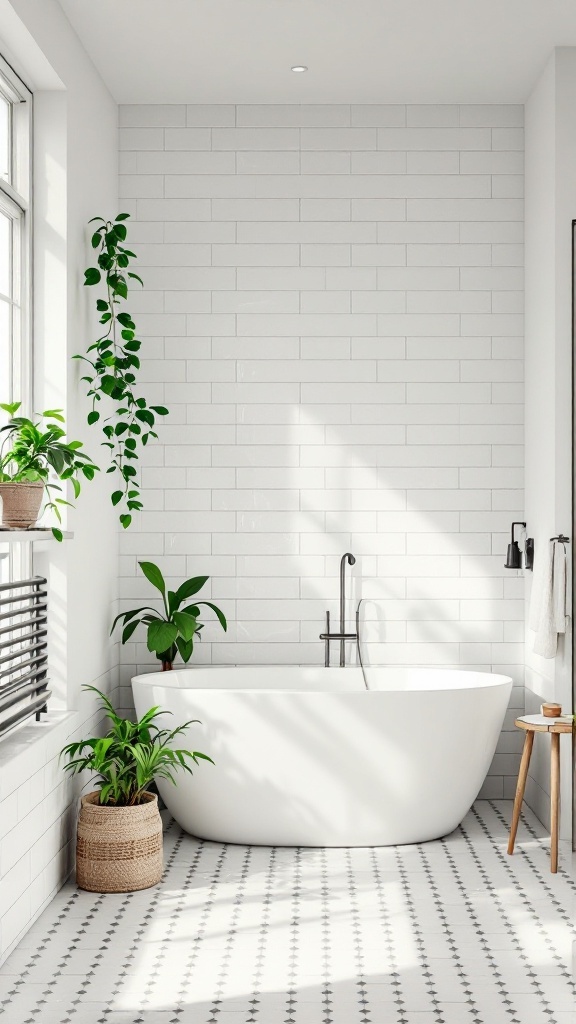 A bright, eco-friendly bathroom with subway tiles, a freestanding tub, and plants.