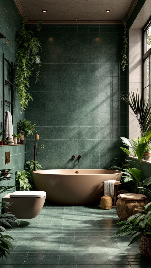 A stylish bathroom featuring forest green tiles, a beige bathtub, and lush green plants, creating a nature-inspired retreat.