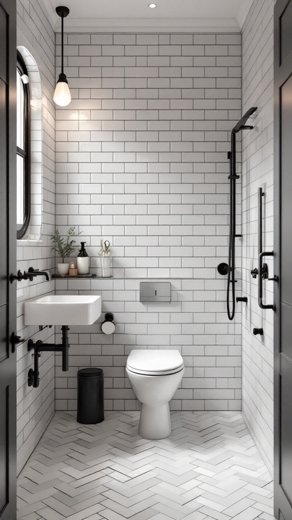 Bathroom featuring herringbone pattern with subway tiles, showcasing a modern design