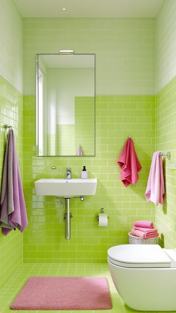 A bright bathroom featuring lime green tiles on the walls and floor, with pink bath accessories.