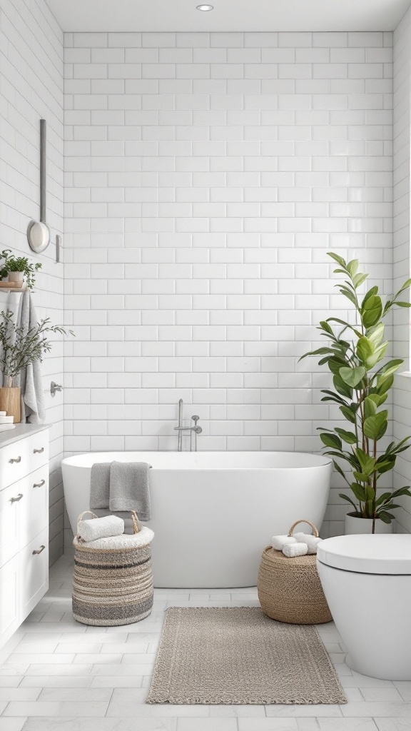 A serene bathroom featuring matte finish subway tiles, a freestanding bathtub, and natural decor elements.