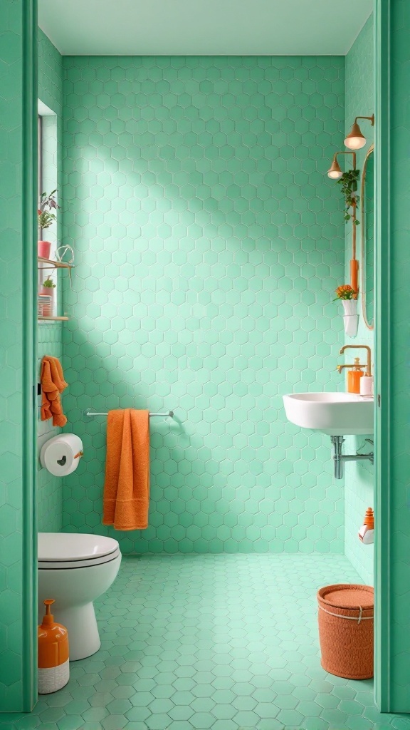 Mint green bathroom with hexagon tiles and orange accents