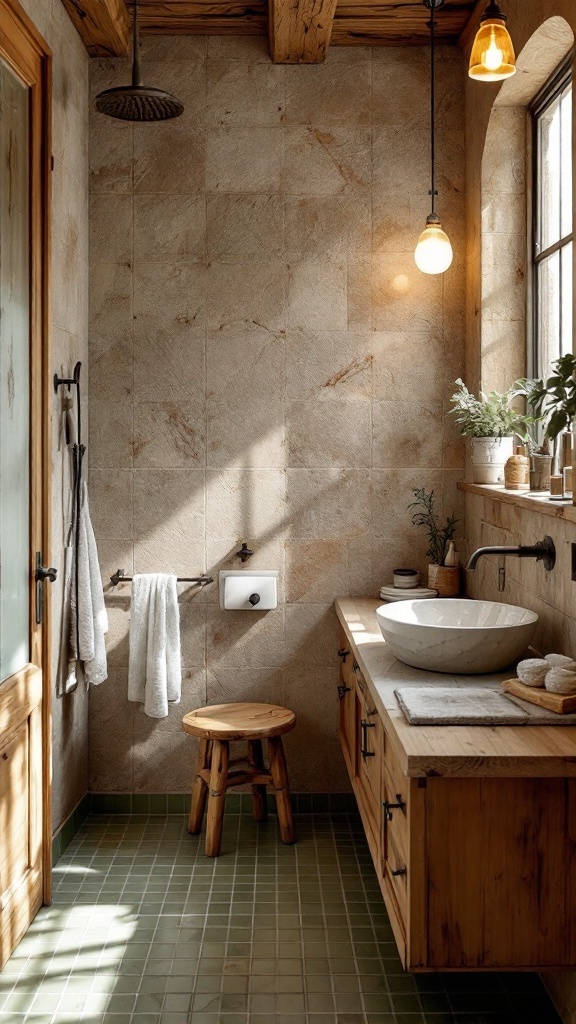 A rustic bathroom featuring olive green mosaic tiles on the floor, wooden elements, and natural lighting.