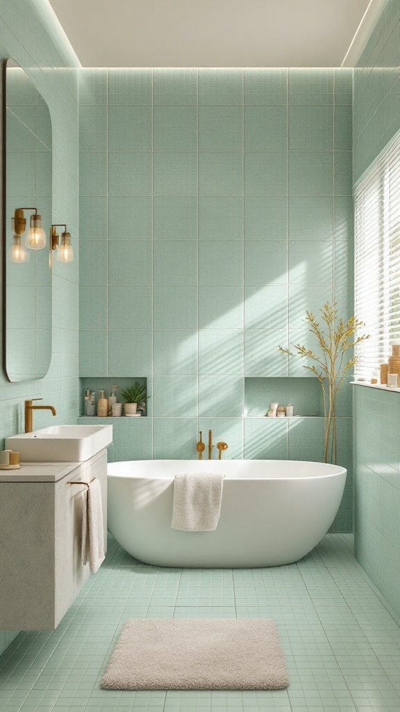 A bathroom featuring pale green tiles, a white freestanding tub, and a minimalist design.