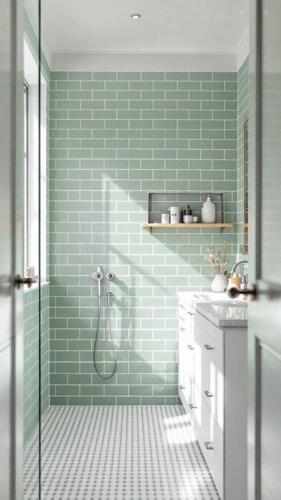 A modern bathroom featuring sage green subway tiles on the walls and a patterned floor.