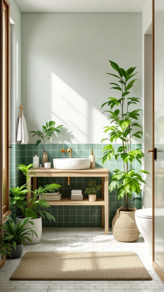 A modern bathroom featuring soft green tiles, wooden accents, and lush plants.