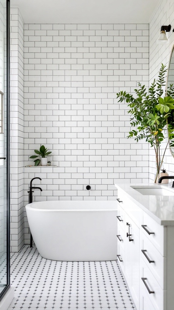 A modern bathroom featuring a subway tile accent wall, a freestanding bathtub, and patterned floor tiles.