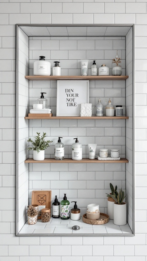 A shower niche featuring white subway tiles with wooden shelves displaying bath products and decor.