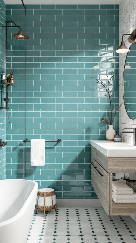 A bathroom featuring teal wall tiles, a white bathtub, and a modern vanity.