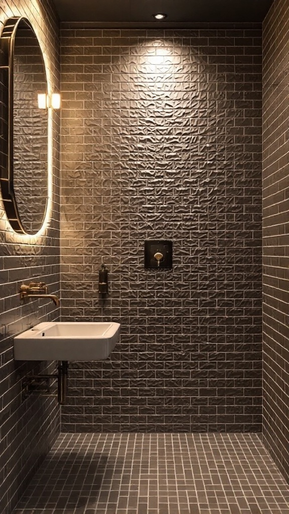 A modern bathroom featuring textured subway tiles on the wall and floor, with a round mirror and elegant fixtures.