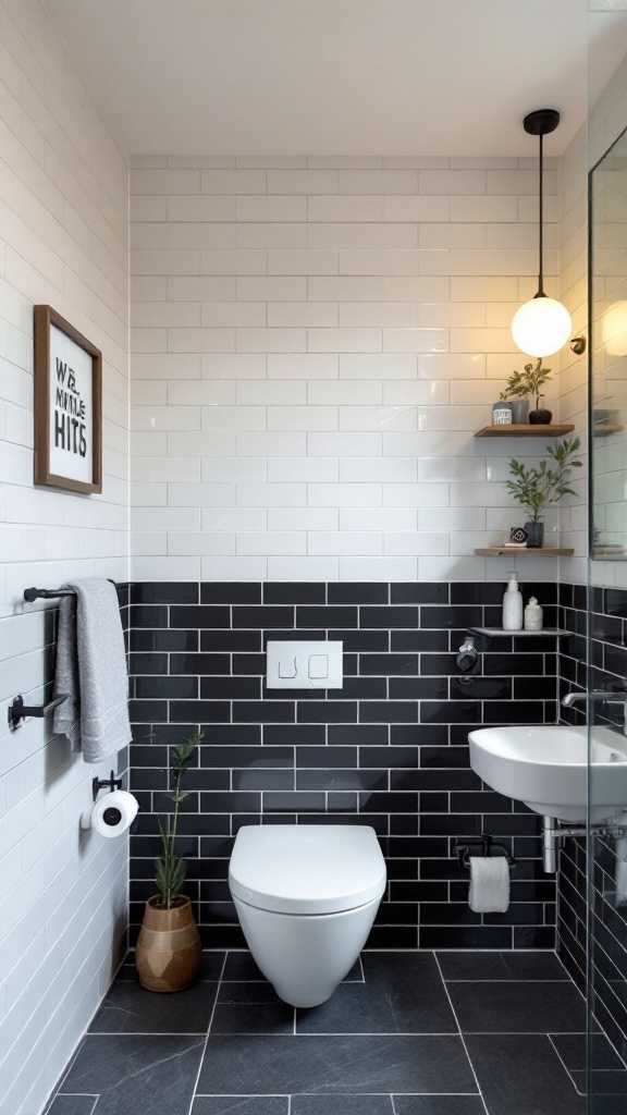 A modern bathroom featuring a two-tone subway tile design with white tiles on top and black tiles on the bottom.