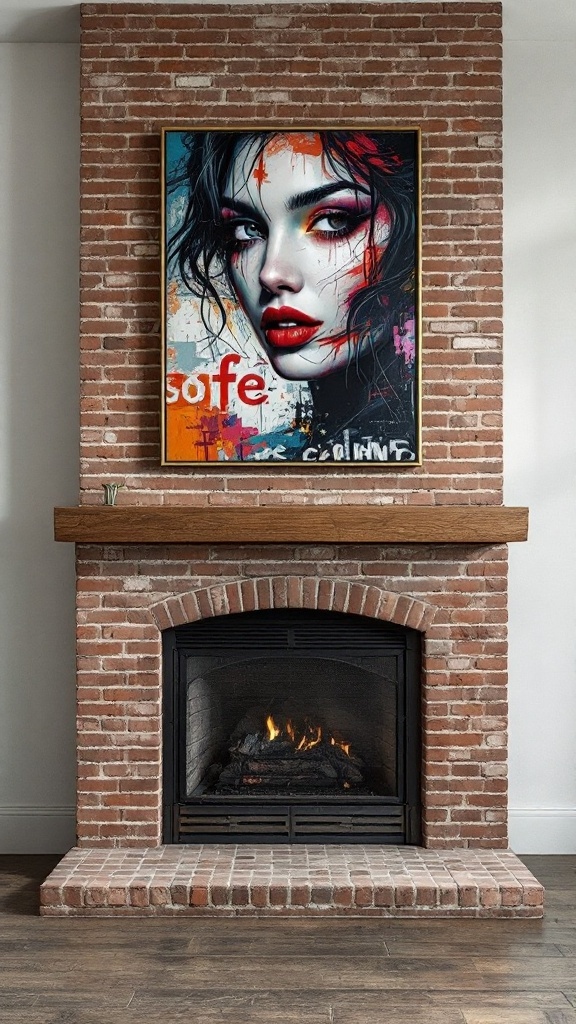 A large brick fireplace with a colorful portrait artwork above it.