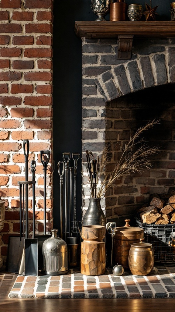 A cozy fireplace area featuring a mix of decorative and functional accessories, including fireplace tools, vases, and metallic decor.