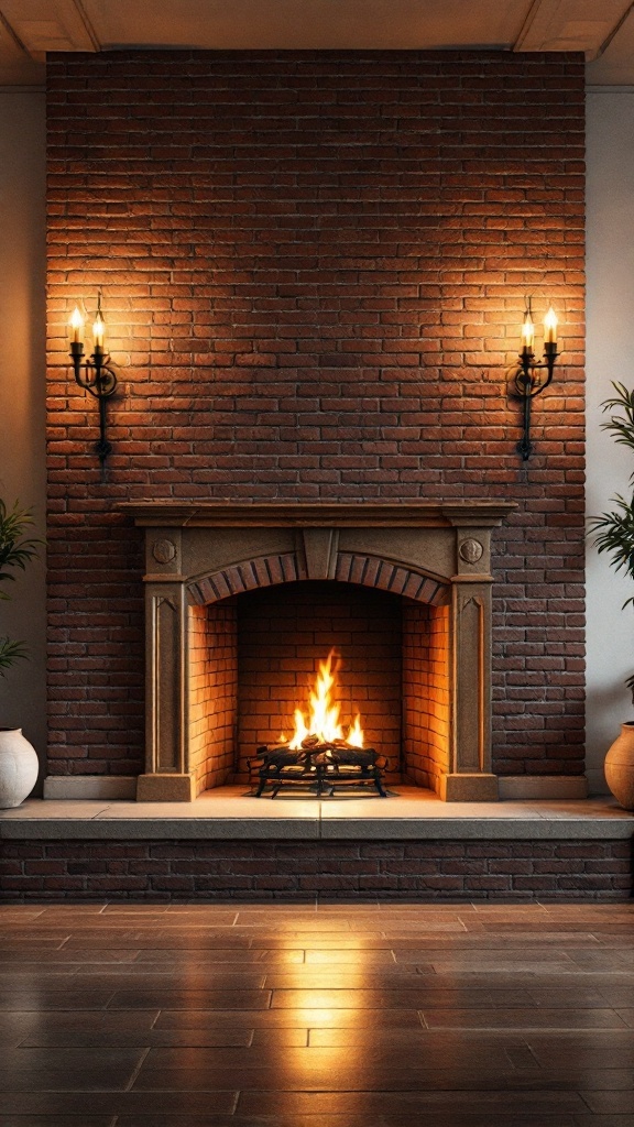 A large brick fireplace with wall sconces and a glowing fire.