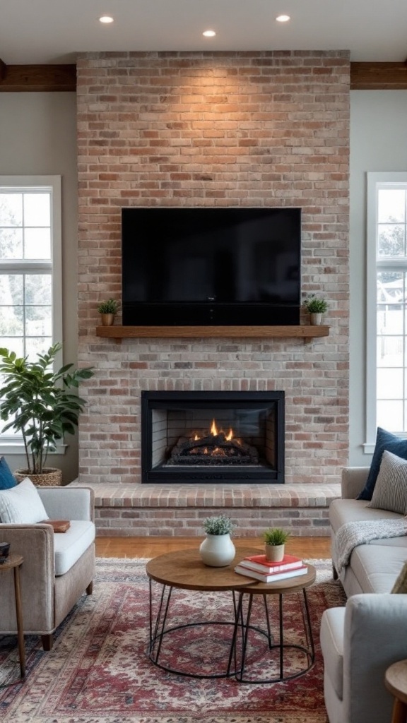 Modern living room featuring a large brick fireplace with a mounted TV above and comfortable seating arrangement.