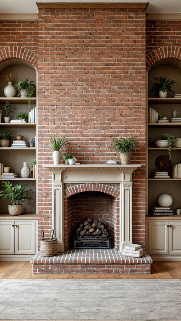 Large brick fireplace with built-in shelves, decorated with plants and decorative items.