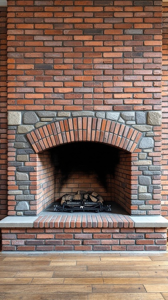 Large brick fireplace with stone accents