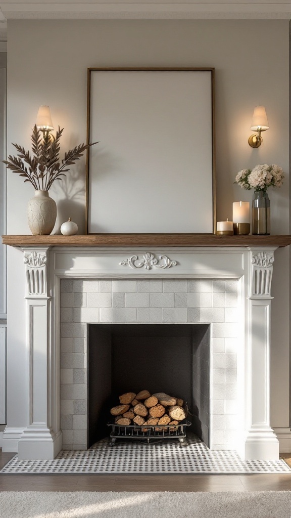 A stylishly updated fireplace with white tiles, stacked logs, and elegant decor.