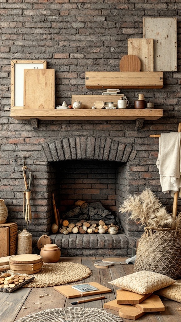 A cozy living room featuring a large brick fireplace with wooden shelves, decorative items, and various textures.