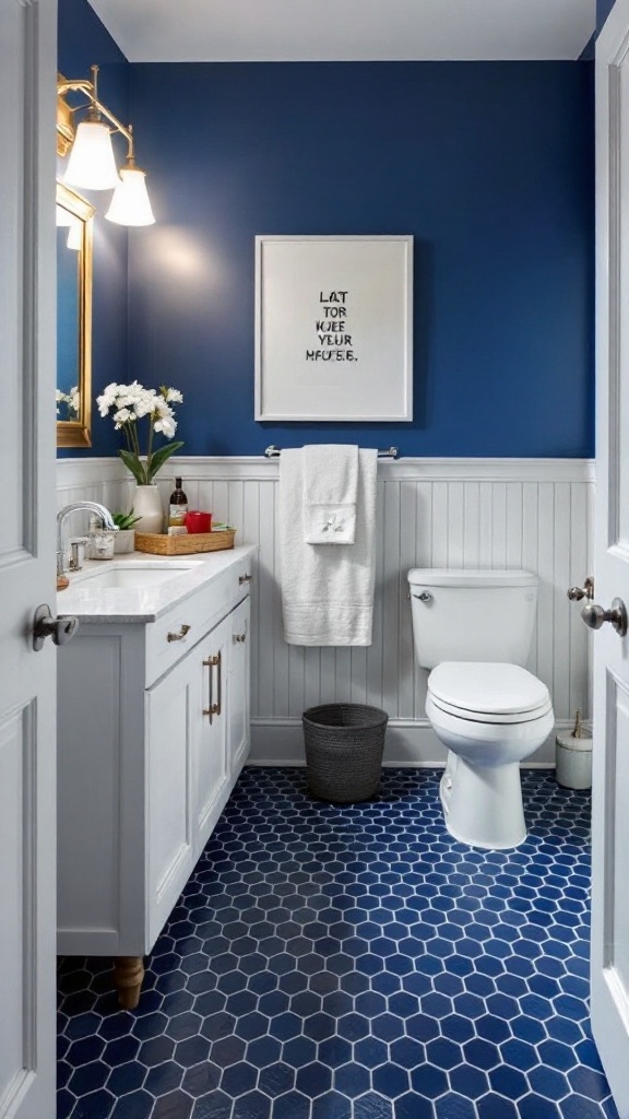 Navy hexagon tile bathroom with white fixtures and dark blue walls