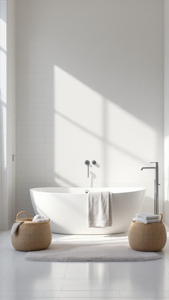 Bright and airy all-white bathroom featuring a sleek bathtub, woven baskets, and natural light.