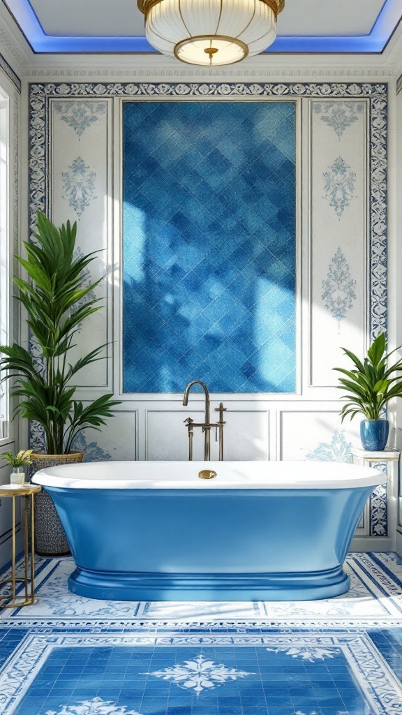 Cerulean blue freestanding bathtub surrounded by blue tiles and greenery