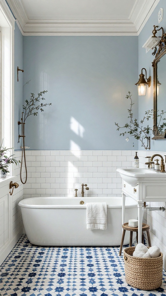 A stylish bathroom featuring classic blue and white porcelain tiles, a freestanding bathtub, and vintage brass fixtures.