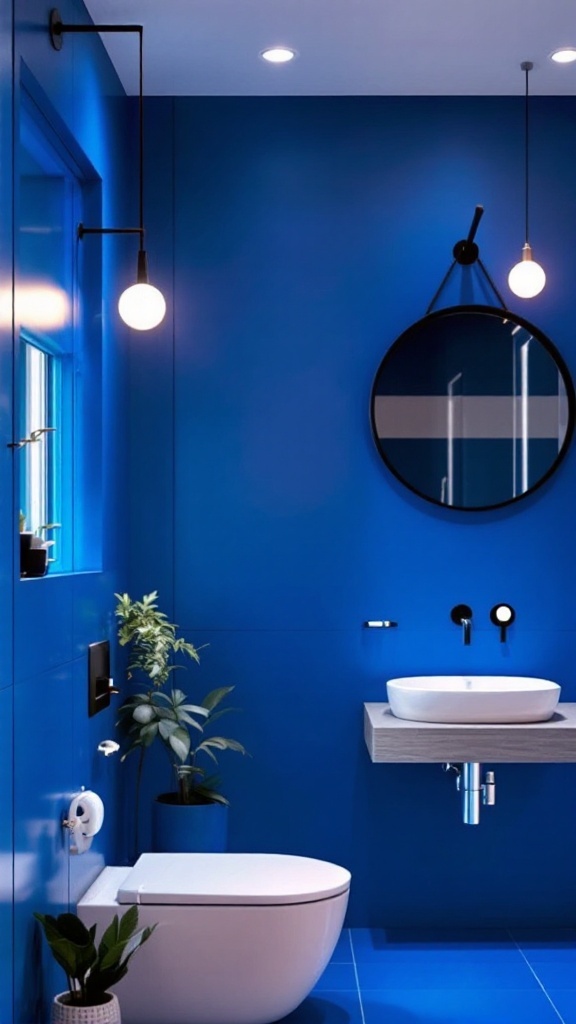 A modern bathroom featuring a cobalt blue accent wall, round mirror, and minimalist fixtures