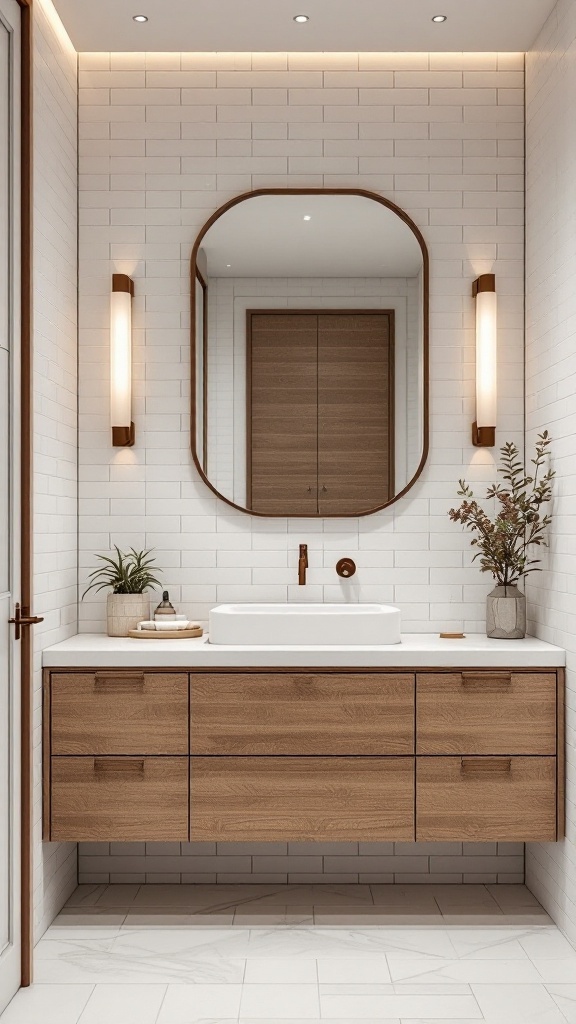 Bathroom featuring white tiles, a wooden vanity, a round mirror, and soft lighting.