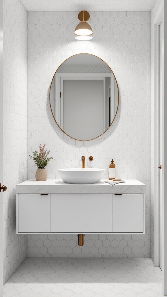 A modern bathroom featuring white hexagon tiles on the walls and floor, a round mirror, and a sleek floating vanity.