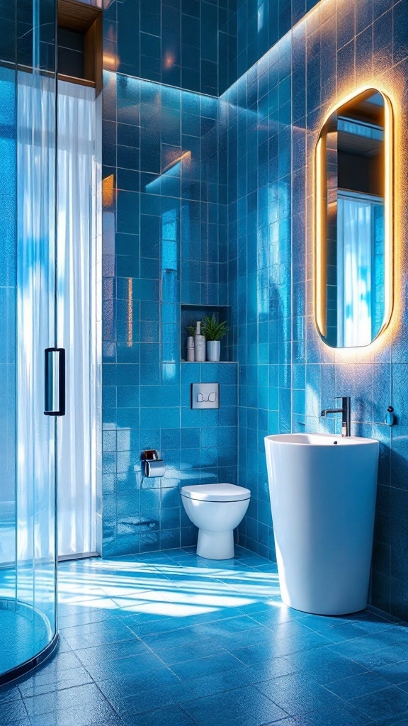 A modern bathroom featuring iridescent blue glass tiles on the walls and floor, with a sleek toilet and sink.