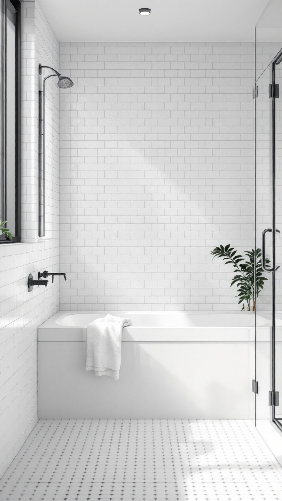 A minimalist white subway tile bathroom featuring clean lines, a glass shower enclosure, and a touch of greenery.