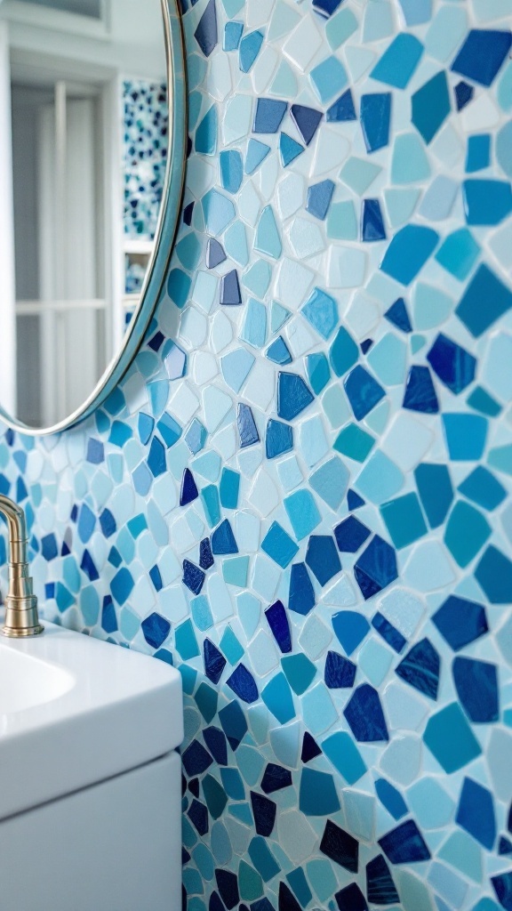 Blue mosaic tiles in a bathroom setting