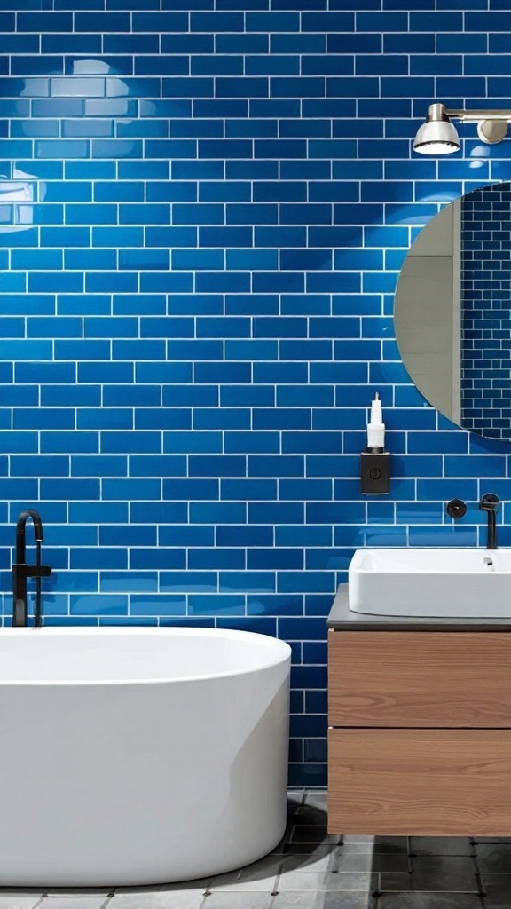 A modern bathroom featuring sapphire subway tiles on the wall with a white bathtub and wooden vanity.