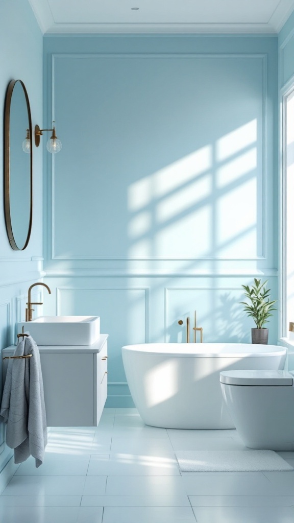 A bathroom with soft powder blue wall panels, a modern bathtub, and gold fixtures.